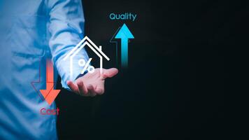 Cost and quality control concept. Businessman shows cost with down arrow and quality with up arrow for business strategy and project management, improving product and service quality. photo