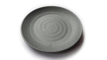 Empty circle grey plate with ceramic melamin material isolated on white background photo