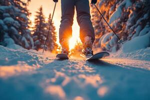 Man skiing in the snow at sunset with ski poles in a snowy forest. Copy space photo