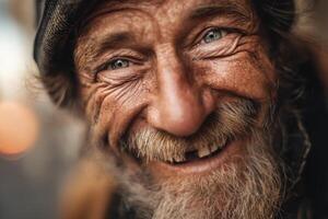 Elderly man smiling with blue eyes, wrinkled face, gray beard, outdoor, joyful expression photo