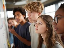 Teenager group collaboration diverse classroom teamwork learning focus education project photo