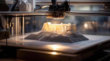 3D printer creating complex architectural model with layered structure, illuminated photo