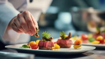 Chef hand garnish plate food fine dining restaurant Chef hand garnishing fine dining plate with photo