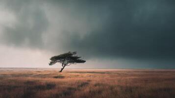 Lone tree in a stormy field photo