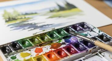 Watercolor palette with brush and painting, inspiring creativity, art, and artistic expression. photo