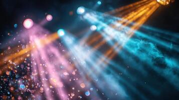 Colorful light rays cutting through dark smoky air design photo