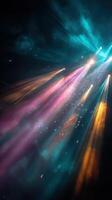 Colorful light rays cutting through dark smoky air scene photo