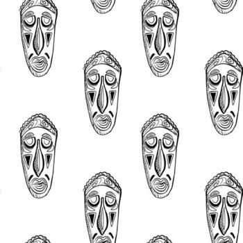 resumen ilustraciones de tradicional mascaras arreglado en un repetitivo modelo en un minimalista antecedentes vector