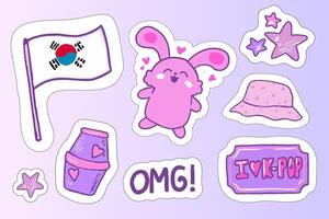 Cute collection of stickers featuring K-pop culture and Korean symbols on a pastel background vector