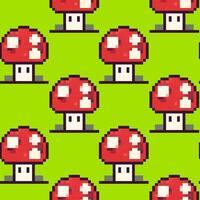 Colorful pixelated mushroom pattern on a bright green background showcasing whimsical design elements for various uses vector