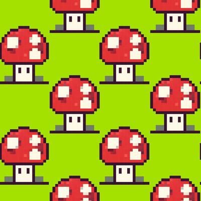 Colorful pixelated mushroom pattern on a bright green background showcasing whimsical design elements for various uses