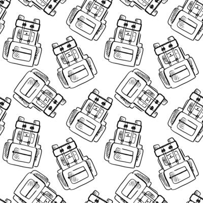 Pattern design featuring hand-drawn illustrations of backpacks against a white background