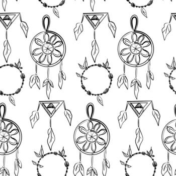 Decorative illustration of dreamcatchers with floral designs and geometric elements in a repeating pattern vector