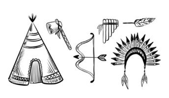 Traditional native American symbols and elements including a teepee, bow, arrows, and headdress in style vector