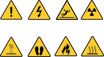 Set of Yellow Triangle Safety Signs with Exclamation, Slipping, Radiation, Steam, Flame, Footprints, and Electrical Hazard Symbol vector