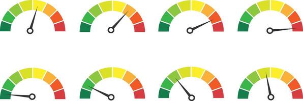 Set of Color Coded Gauge Meters with Variable Needle Positions . Performance Indicator and Dashboard UI Illustration vector