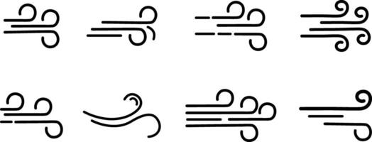 Wind Symbol Silhouette Set. Curved Airflow Icons Representing Breeze and Motion on White Background vector