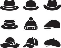 Nine black silhouette hat icons on a white background. vector