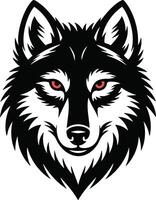 Fierce Stylized Wolf Head - Black and White illustration with Red Eyes vector