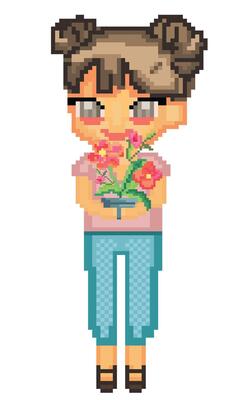 Pixel Art Girl with Flowers Isolated on White Background Illustration.