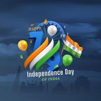 15th august india independence day square banner with 3d 79 number, tricolor ribbon, flag, balloons, and ashoka chakra on dark cloudy blue background vector