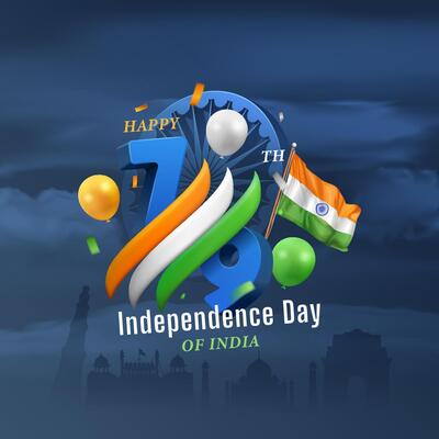 15th august india independence day square banner with 3d 79 number, tricolor ribbon, flag, balloons, and ashoka chakra on dark cloudy blue background