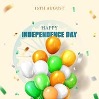 15th august happy independence day square banner with tricolor balloons and confetti, on light yellow background vector