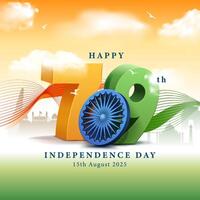 15th august happy 79th independence day of india 3d illustration with abstract wavy lines, clouds and tricolor background vector
