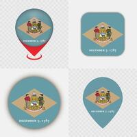 Set of Delaware State Flag Icons and Map Pins. vector