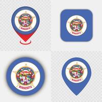 Set of Minnesota State Flag Icons and Map Pins. vector
