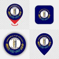 Set of Kentucky State Flag Icons and Map Pins. vector