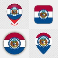 Set of Missouri State Flag Icons and Map Pins. vector