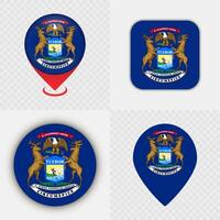Set of Michigan State Flag Icons and Map Pins. vector