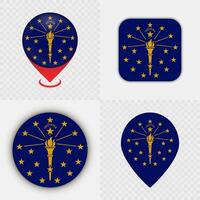 Set of Indiana State Flag Icons and Map Pins. vector