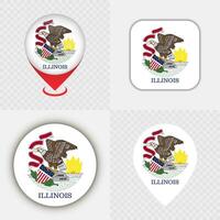 Set of Illinois State Flag Icons and Map Pins. vector