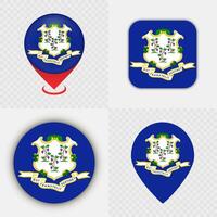 Set of Connecticut State Flag Icons and Map Pins. vector