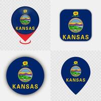 Set of Kansas State Flag Icons and Map Pins. vector