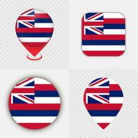Set of Hawaii State Flag Icons and Map Pins. vector