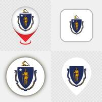 Set of Massachusetts State Flag Icons and Map Pins. vector