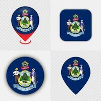 Set of Maine State Flag Icons and Map Pins. vector