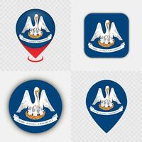 Set of Louisiana State Flag Icons and Map Pins. vector