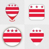 Set of District of Columbia State Flag Icons and Map Pins. vector