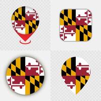 Set of Maryland State Flag Icons and Map Pins. vector