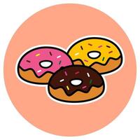 A sweet and playful icon of 3 donuts with colorful toppings and chocolate sprinkles, perfect for use in food, bakery, and dessert designs. vector