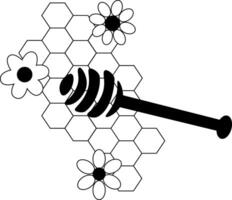 Honeycomb with honey spoon composition. graphic line illustration. Banner, poster, wrapping paper, sticker, print, modern textile design. For logo, web, package, sticker. vector