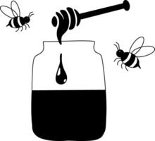 Honey jar with spoon and bees composition. graphic line illustration. Banner, poster, wrapping paper, sticker, print, modern textile design. For logo, web, package, sticker. vector