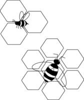 Beehive honeycomb with hexagon grid cells and bee composition. graphic line illustration. Perfect for cards, decorations, stickers, logo, menu, various designs. vector