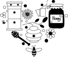 Honey Design with Glass Jars with Pure and Natural Sweet Food from Sugary Nectar Heart Shaped composition. graphic line illustration. texture for bedsheets, pajamas, wrapping papers. vector