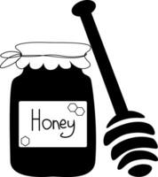 Honey jar with honey bee dripping and dipper spoon composition. graphic line illustration. For poster, flyer, banner, invitation, social media, party or sale vector
