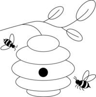 Bee hive composition. graphic line illustration. Bee house with a circular entrance. Insect life in nature. Beehive in a tree branch. Design for package, cosmetic, textile, cards. vector